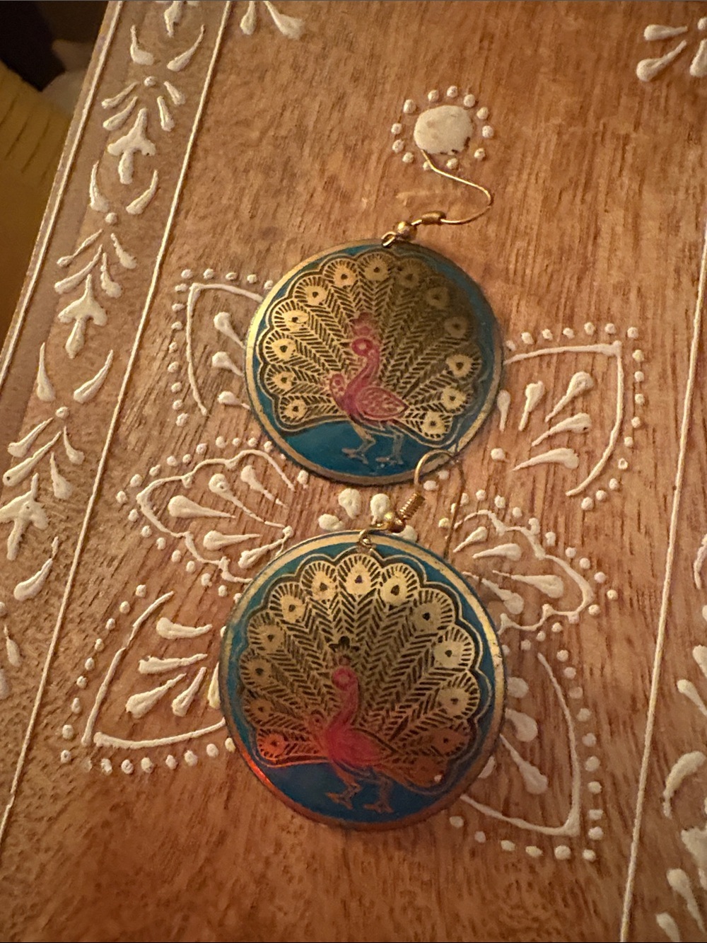Handpainted Peacock Drop Earrings in Teal and Gold